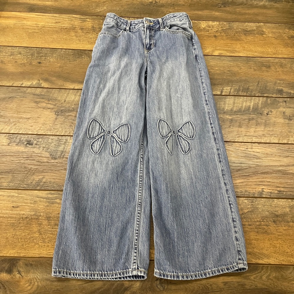 Abercrombie Kids High Rise Ultra Wide Leg Bow Jeans Light Wash 9/10 Girlhoodcore
